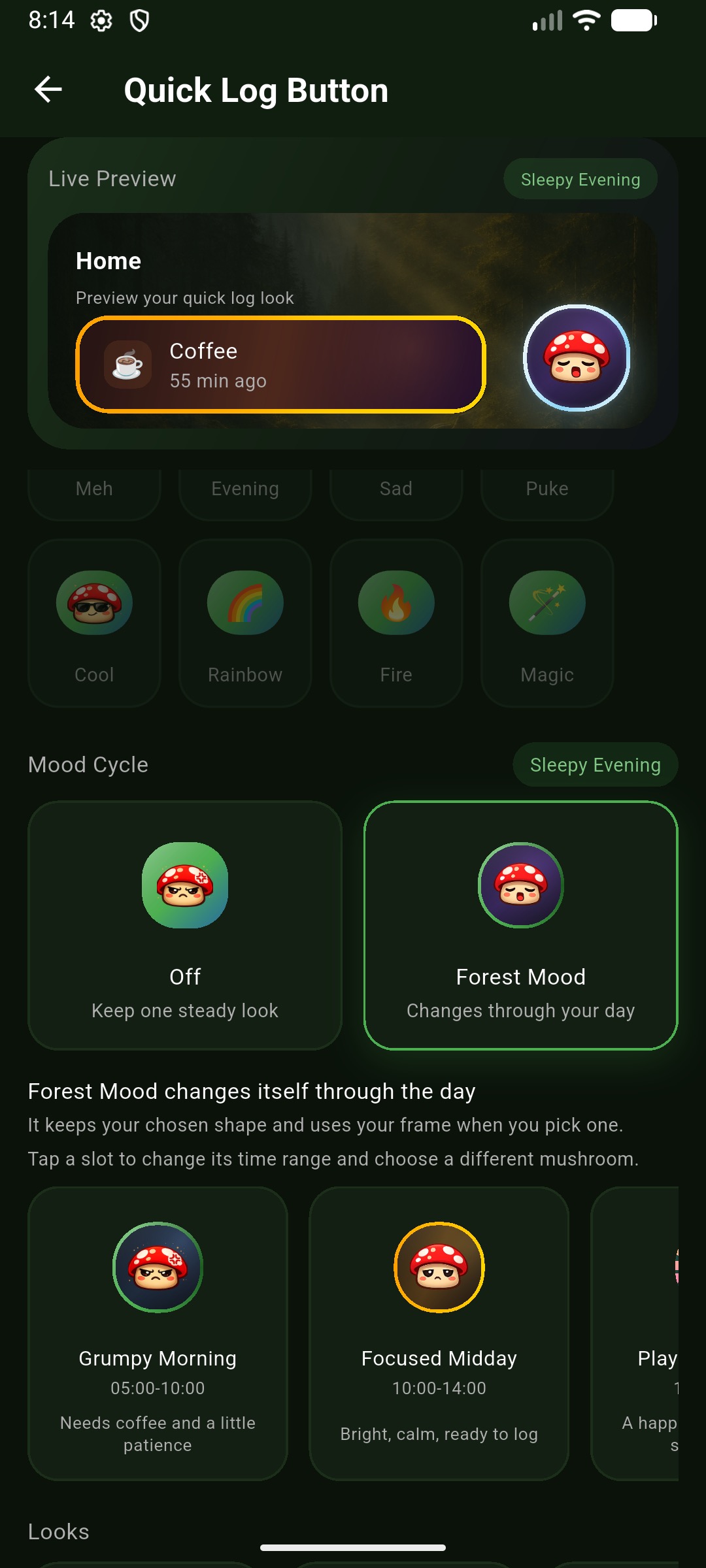 Quick Log button customization with premium frames, gradient backgrounds, icon packs, and mood cycle options