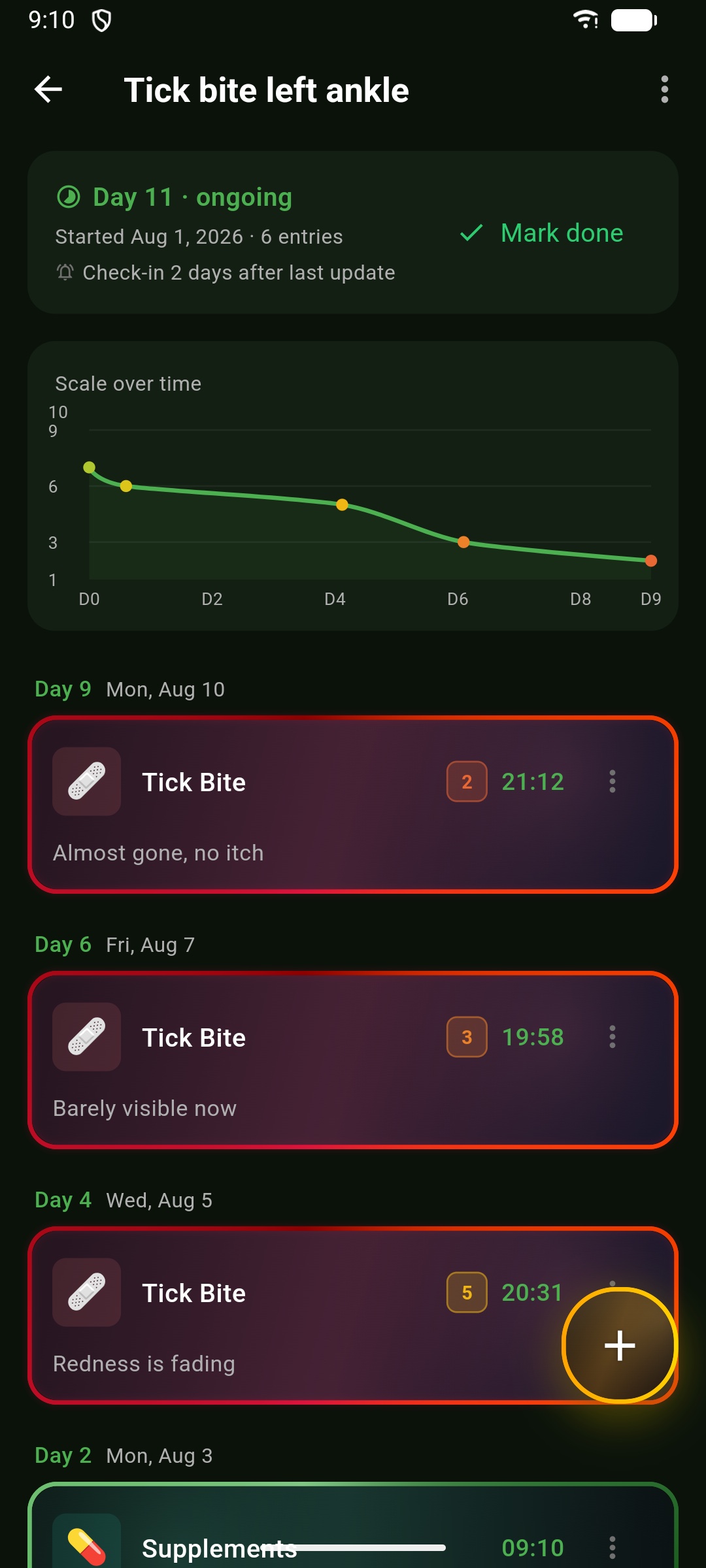 Journey page for a tick bite: day counter, severity chart, and day-grouped updates