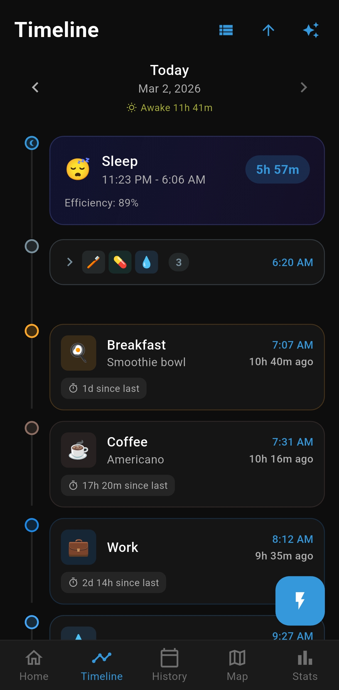 Timeline view showing today's logged activities with relative timestamps