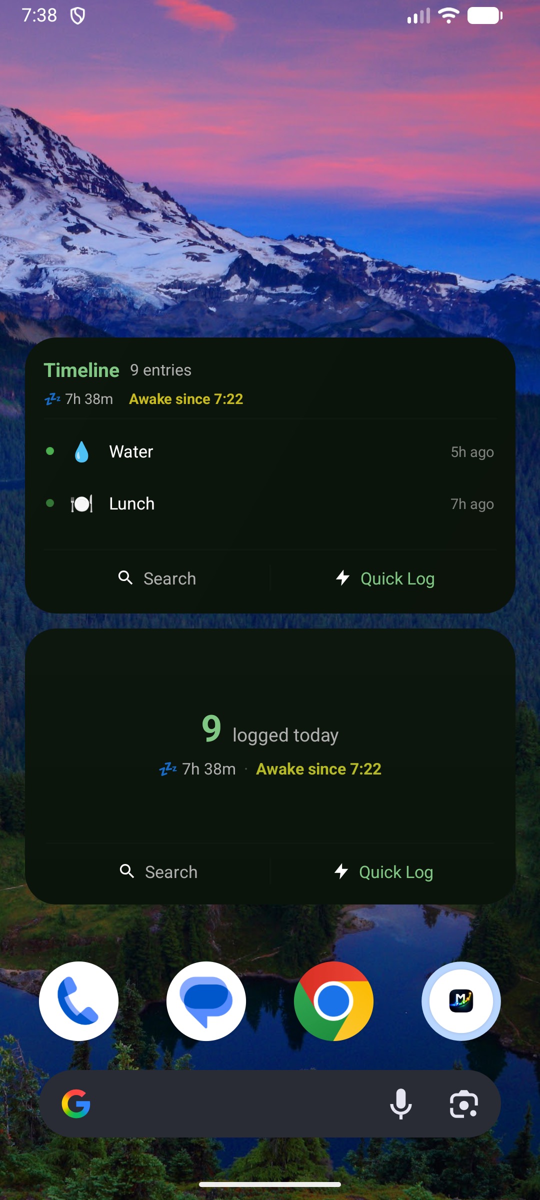 Android home screen with Timeline and Today widgets showing logged activities and quick actions